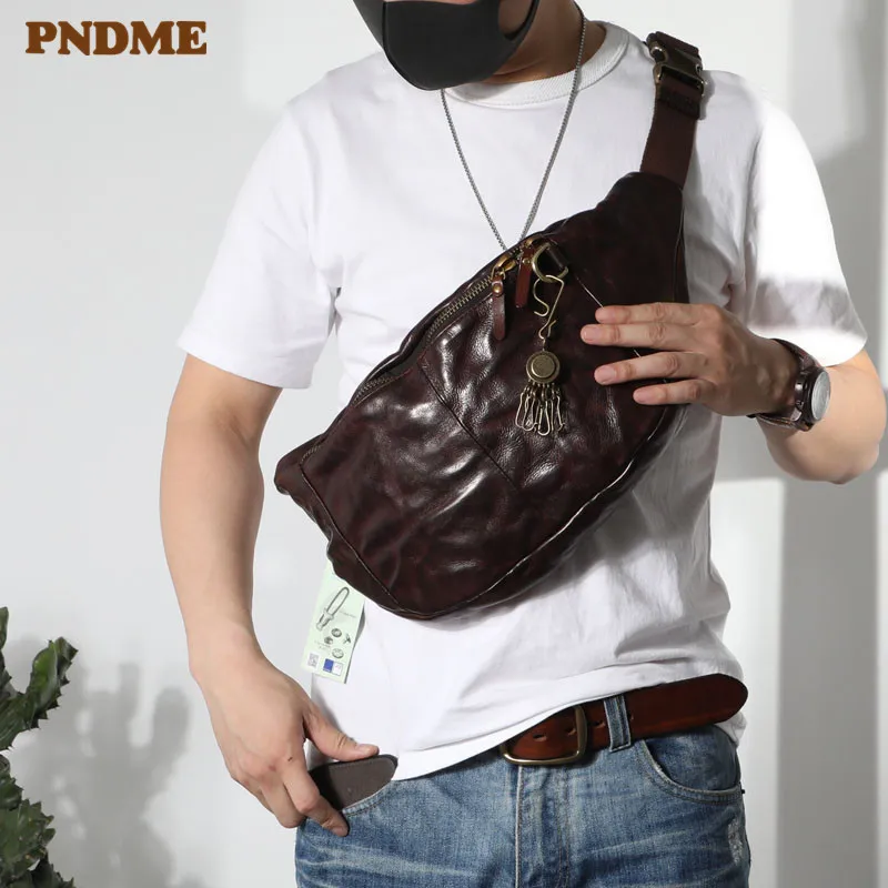 Top Trends: PNDME Fashion Vintage High Quality Genuine Leather Men&#039;s Chest Bag Casual Teens Large Soft Cowhide Waist Packs Messenger Bags Shoppable Styles