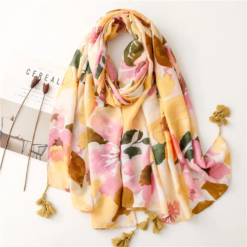 Top Trends: 2024 Luxury Brand Ink Painting Floral Tassel Viscose Shawl Scarf Lady High Quality Pashmina Hijab And Wraps Foulard Muslim Sjaal Shoppable Styles