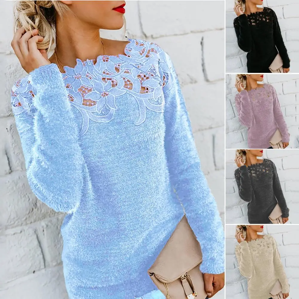 Top Trends: Loose Dress Sweater 2022 Women Solid Color Long Sleeve O Neck Floral Lace Pullover Vest Sweater Shoppable Styles