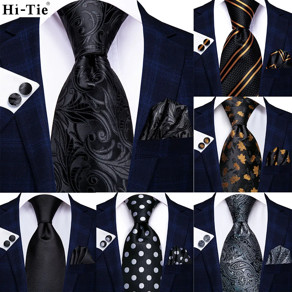 Top Trends: Hi-tie Design Black Solid Dot Silk Wedding Tie For Men Hanky Cufflink Gift Men Necktie Gravata Set Fashion Business Dropshipping Shoppable Styles