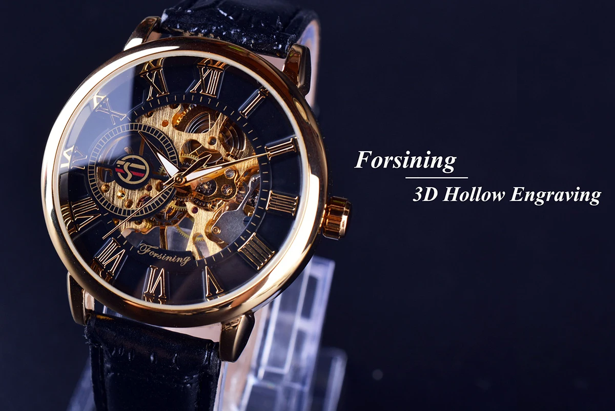 Top Trends: Forsining 3d Logo Design Hollow Engraving Black Gold Case Leather Skeleton Mechanical Watches Men Luxury Brand Heren Horloge Shoppable Styles - Image 4