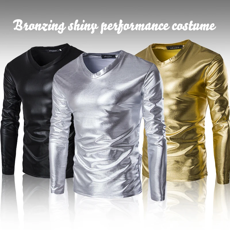 Top Trends: Summer Mens Metallic Shiny T-shirt Dance Tops Shirt Long Sleeve Blouse Clubwear V Neck Casual Slim Fit Solid Color Tops Shoppable Styles