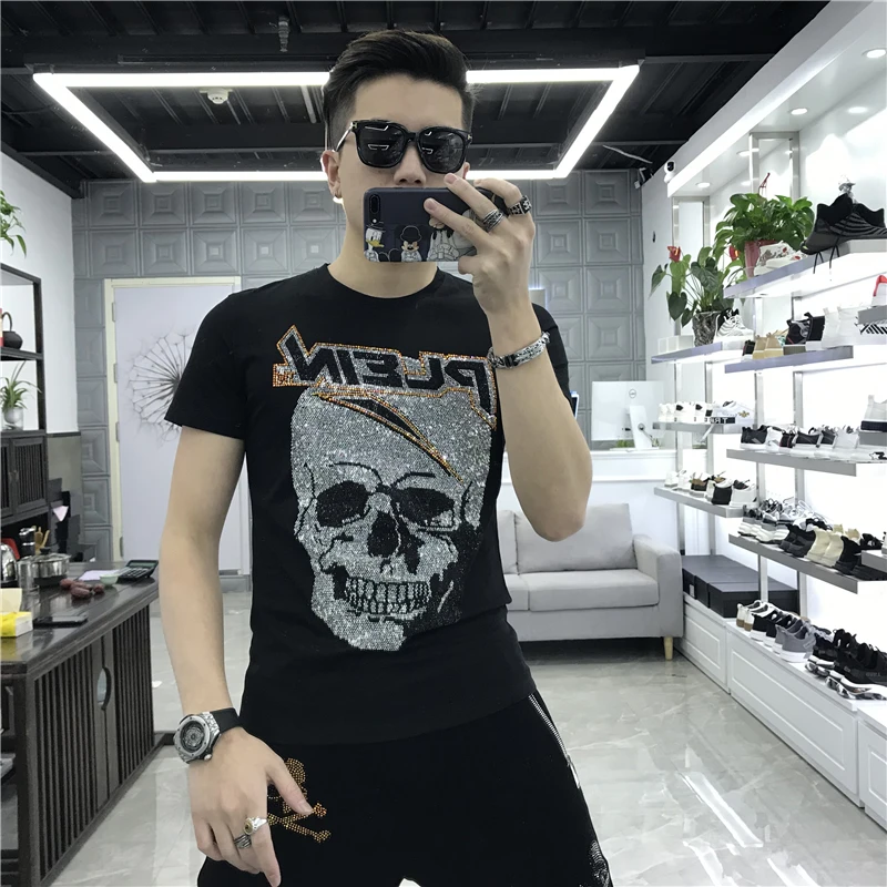 Top Trends: 2020 New Arrival Shining Crystals Diamond Tees Short Sleeve Casual T Shirt Men Skulls Tshirt Cotton T-shirt Summer Tops Tees Shoppable Styles