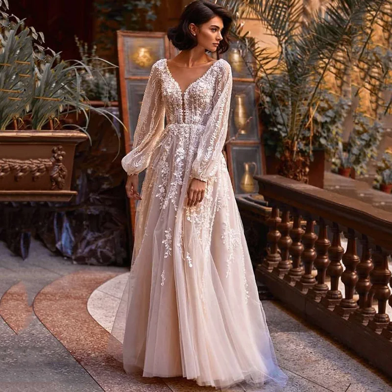 Top Trends: Eightree Vestido De Noiva Renda 2021 Lace Wedding Dresses Women Long Sleeve Bride Dress V Back Champagne Vintage Wedding Gowns Shoppable Styles