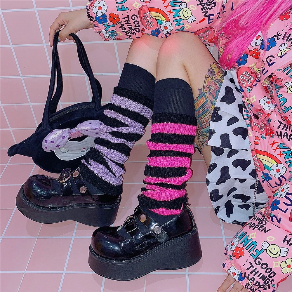 Top Trends: Y2K E-girl Goth Striped Women Leg Warmers 2000s Lady Cute Jk Stretch Knee-length Cool Hipster Warm Knit Sock Fashion Socks Shoppable Styles