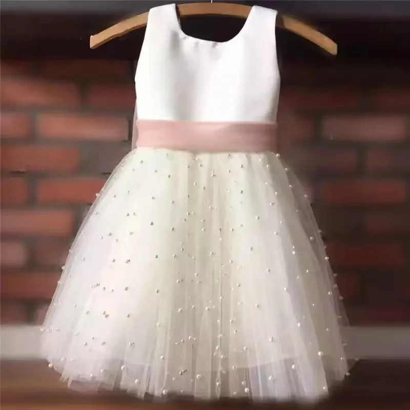 Top Trends: Kids Pearls Tulle Girl Pageant Dresses Sashes Flower Girl Dress Chiffon Bow Sashes First Communion Dress Little Princess Dress Shoppable Styles