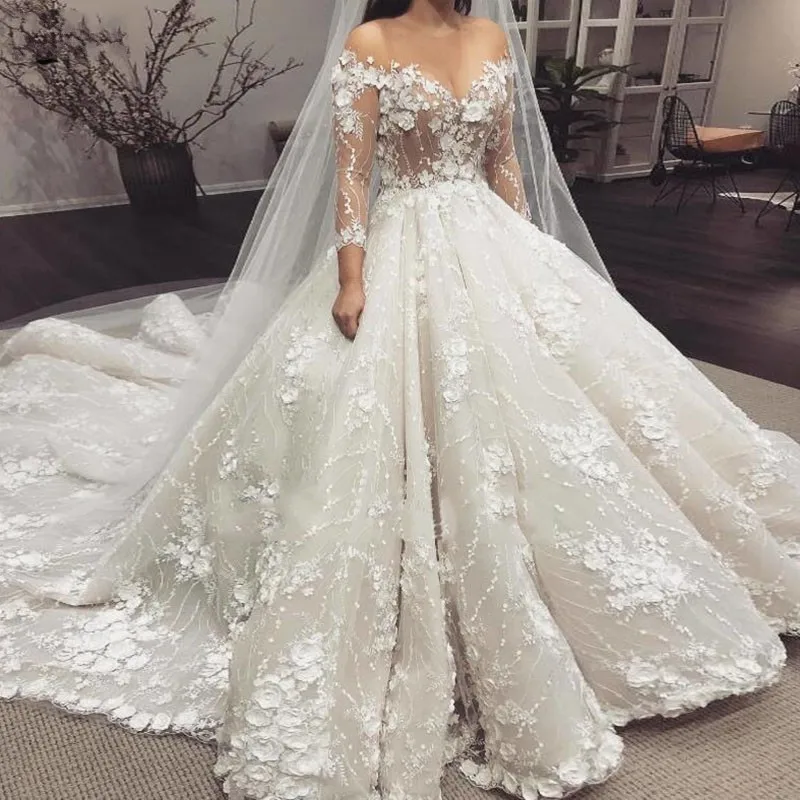 Top Trends: Fashion 3D Floral Wedding Dress Illusion Long Sleeves Floor Length Ball Gowns Elegant V-Neck Appliques Court Train Bridal Dress Shoppable Styles