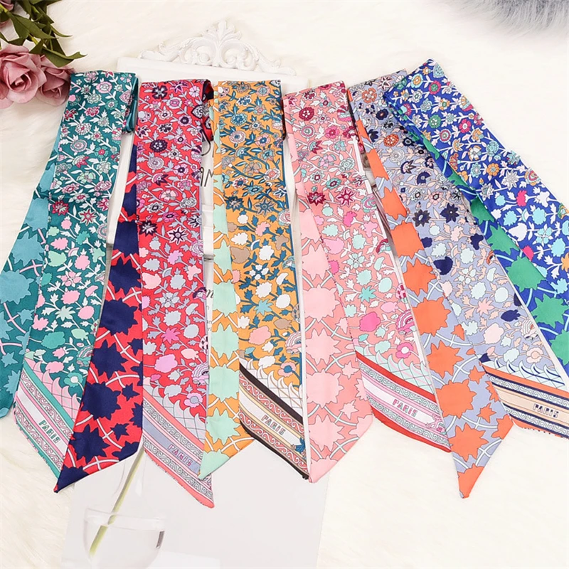 Top Trends: New Floral Printed Scarf Women Multifunction Imitation Silk Tie Bag Handle Ribbon Variety Headband Female Scarves BS07 Shoppable Styles