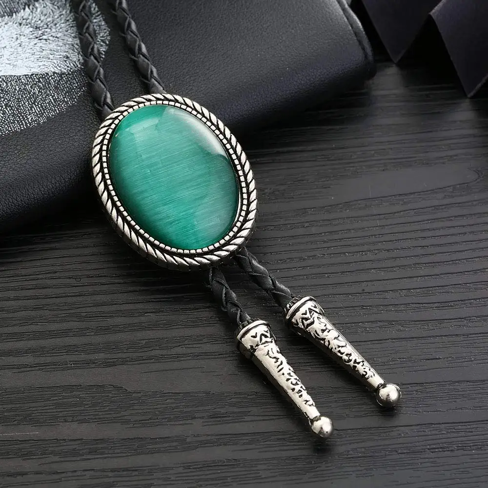 Top Trends: Naturel Stone Green Cat Eye Bolo Tie For Man Indian Cowboy Western Cowgirl Leather Rope Zinc Alloy Necktie Shoppable Styles - Image 5