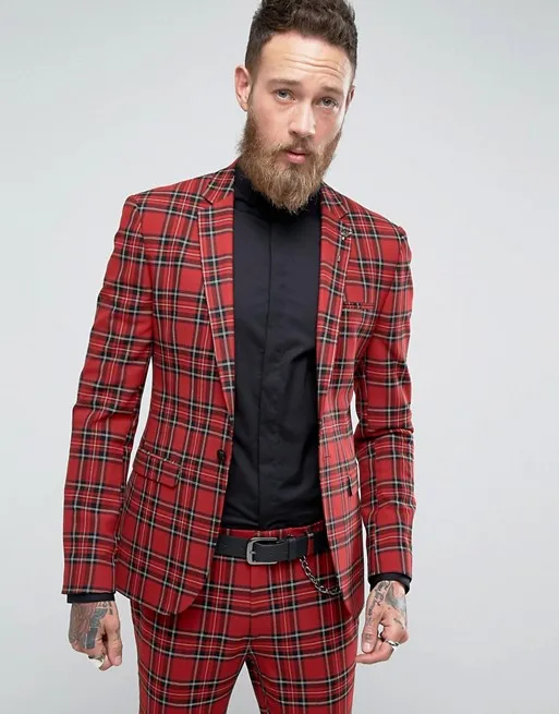 Top Trends: JELTONEWIN Fashion Italian Design Red Plaid Wedding Tuxedos For Prom Men Suits 2 Pieces Jacket Pants Slim Fit Male Groom Clothes Shoppable Styles