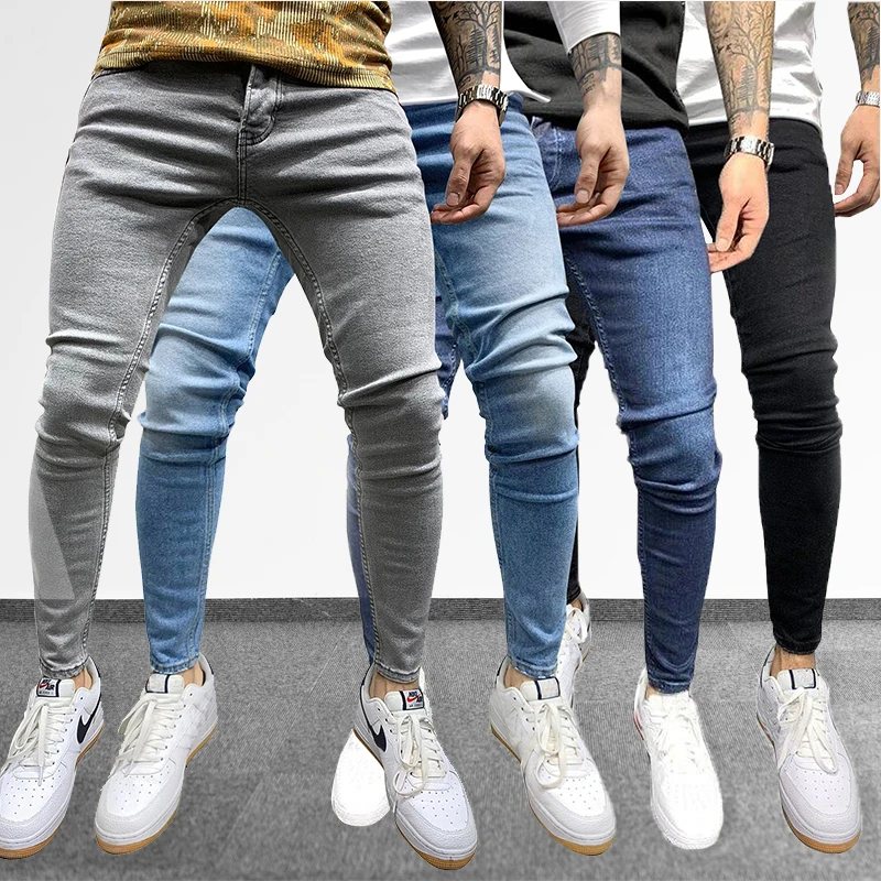 Top Trends: Grey Pure Color Jeans Men Elastic Waist Skinny Jeans Men 2021 Stretch No Ripped Pants Streetwear Black Mens Denim Trousers Shoppable Styles