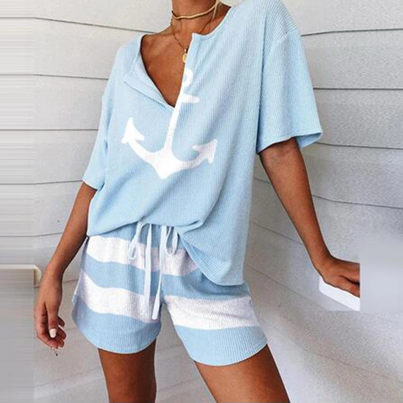 Top Trends: Summer 2Pcs Women Tracksuit Boat Anchor Print Shirt Shorts Set Spring Elegant V Neck Pullover Ladies Sportswear Suits Pocket Hot Shoppable Styles - Image 6