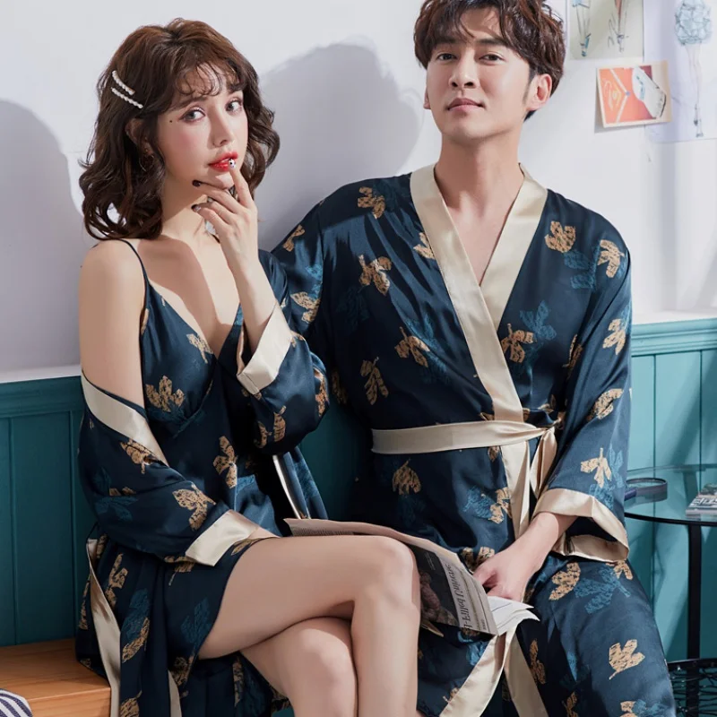 Top Trends: Luxury Print Men&#039;s Silk Kimono Robe Lovers Vacation Long Sleeve Sleepwear Bathrobe Wedding Satin Nightgown Summer Home Clothing Shoppable Styles