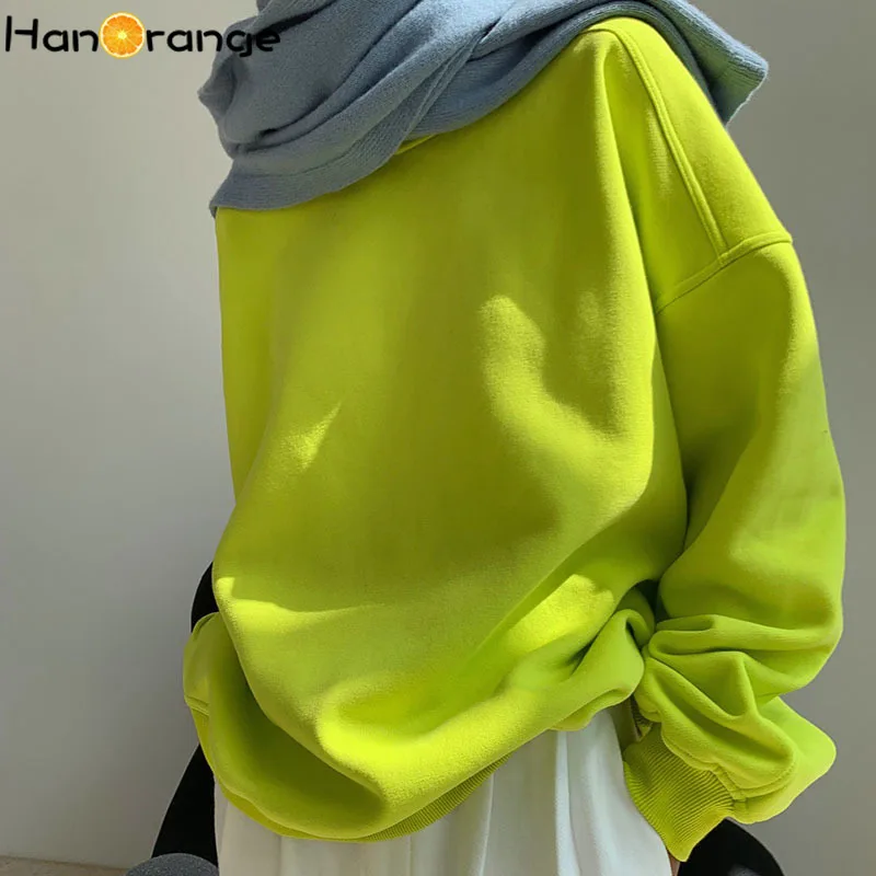 Top Trends: Winter Female Silhouette Round Neck Add Velvet Sweatshirt Loose Drop Shoulder Hoodies Women Fluorescent Green Shoppable Styles