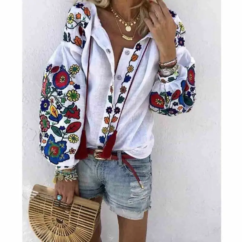 Top Trends: Women Autumn Clothes Long Sleeve Shirt Flower V-Neck Casual Loose Top Ladies Blouse Tee Shoppable Styles