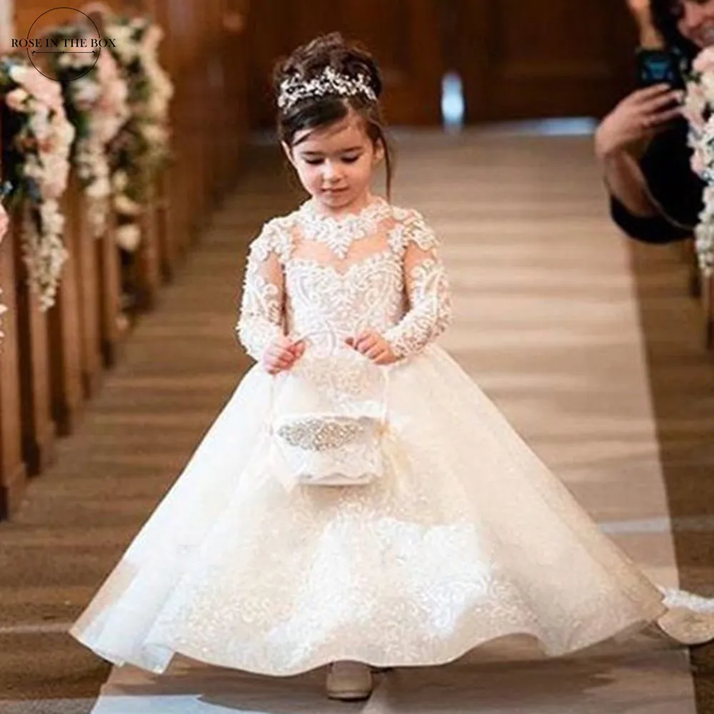 Top Trends: Cheap Ivory Long Sleeve Ball Gown Lace Flower Girl Dresses 2023 Bow Tie Back Sequins Princess Girls Dress Robe Princesse Enfant Shoppable Styles