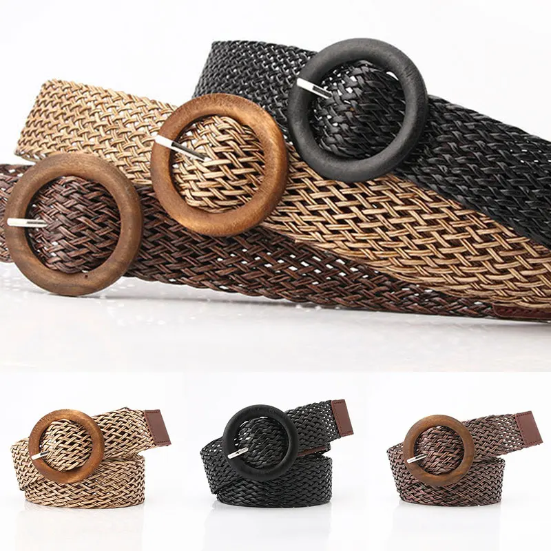 Top Trends: Belts For Women Vintage Boho Braided Waist Belt Black Coffee Female Wide Belt Round Wooden Smooth Buckle Fake Straw Shoppable Styles