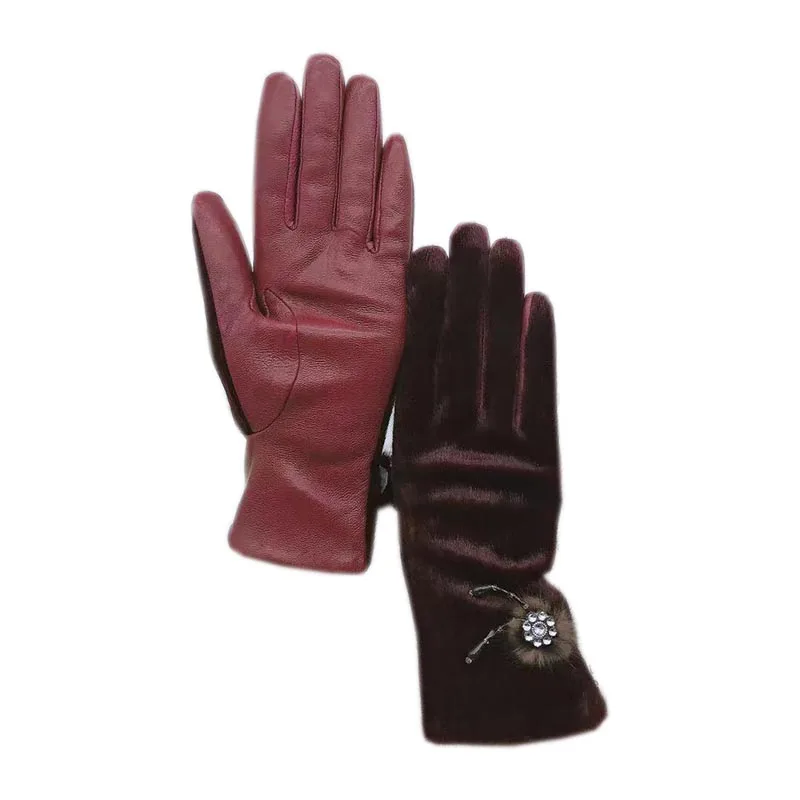 Top Trends: Gloves Winter Ladies Wrist Fashion Sheepskin Gloves Wine Red New Warm Women's Leather AB Version Wool Lining Imitation Sea Lion Shoppable Styles - Image 2