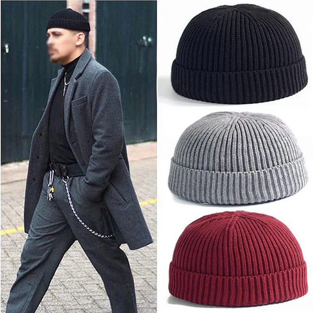 Top Trends: Winter Men Knitted Cuffed Short Melon Cap New Men Knitted Hat Beanie Skullcap Sailor Cap Cuff Brimless Retro Navy Style Hat Shoppable Styles