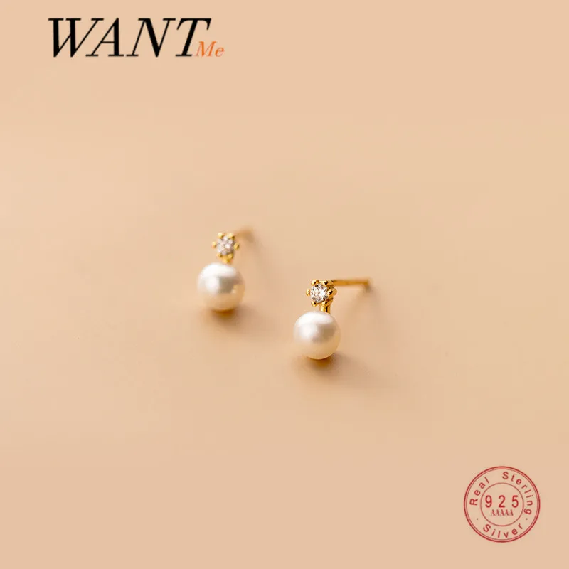 Top Trends: WANTME Genuine 925 Sterling Silver Geometric Zircon Pearl Mini Small Stud Earrings For Women Chic Charming Korean Jewelry 2021 Shoppable Styles