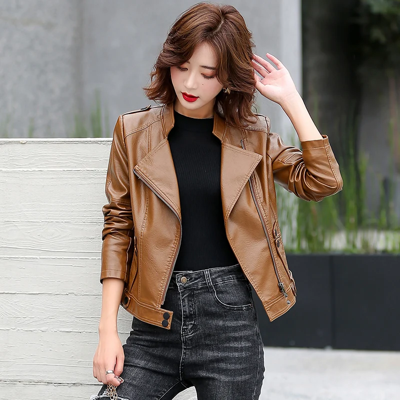 Top Trends: M-5XL New Women Leather Jacket Spring 2023 Fashion Solid Color Slim Short Sheepskin Coat Moto&amp;Biker Style Tops Outerwear Female Shoppable Styles