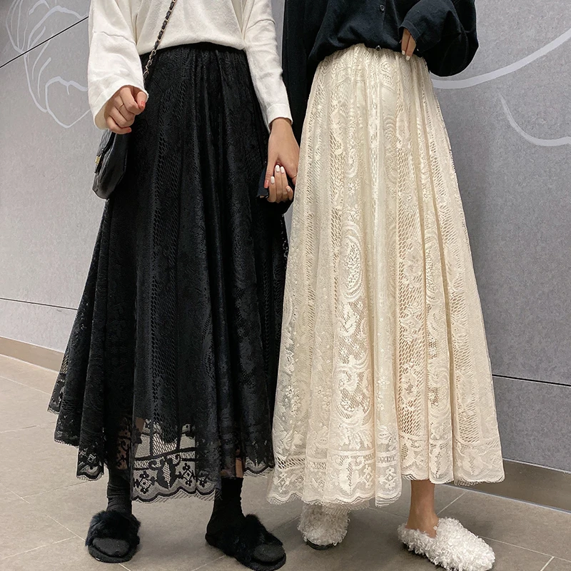 Top Trends: Elastic High Waist Lace Skirts Women Spring Summer Skirt 2020 Korean Elegant Casual A-line Black Apricot Long Maxi Skirts X091 Shoppable Styles