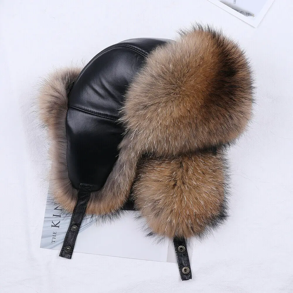 Top Trends: Winter Men's 100% Real Silver Fox Fur Bomber Hat Raccoon Fur Ushanka Cap Trapper Russian Man Ski Hats Caps Real Leather Shoppable Styles