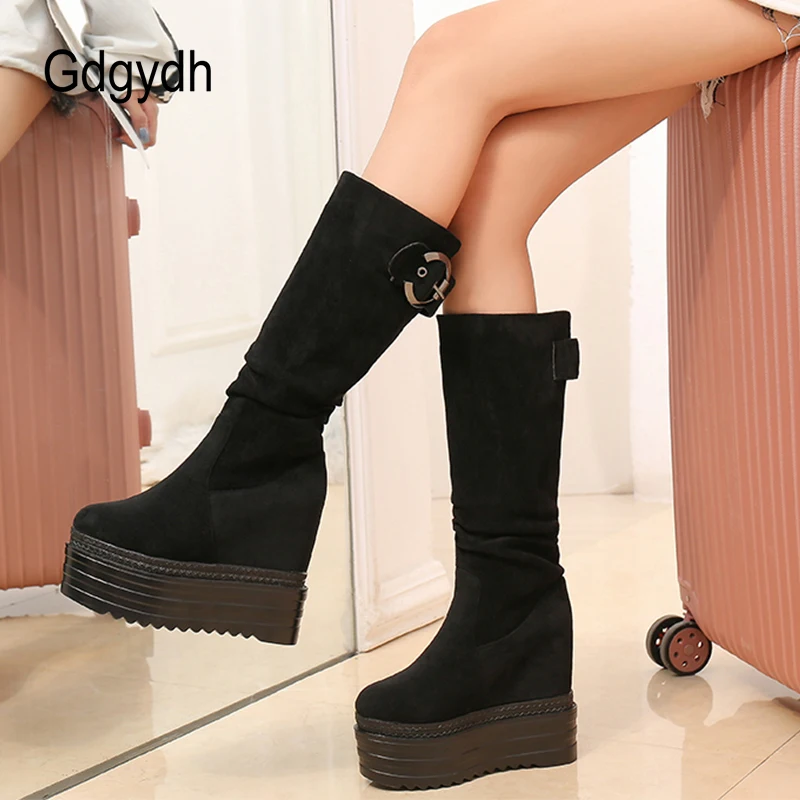 Top Trends: Gdgydh Thick Sole Height Increased Tube Boots Women Fashion Buckle Strap European And American Platform Shoes Woman Knee High Shoppable Styles