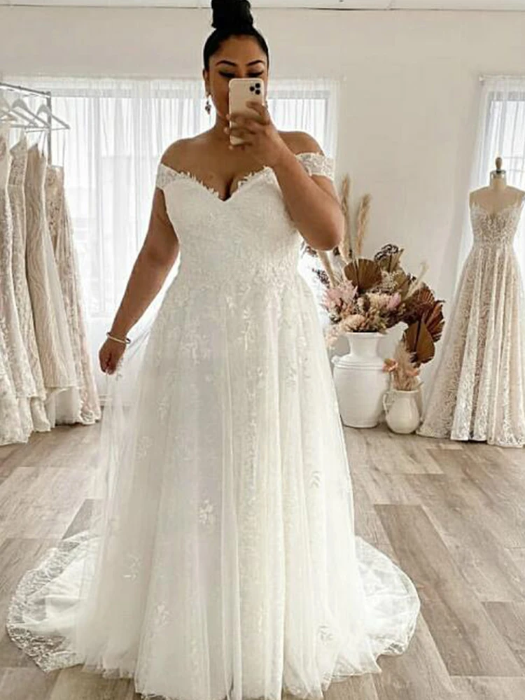 Top Trends: Wedding Dress Plus Size A-Line Off The Shoulder Lace Applique Tulle Backless Robe De Mariée Orienta Sweep Train Gown Custom Made Shoppable Styles - Image 6