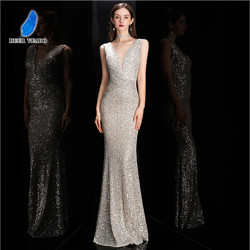 Top Trends: DEERVEADO Elegant V Neck Sequin Evening Dress Long 2023 New Women Mermaid Formal Dress Party Gown Bodycon Maxi Prom Dress Shoppable Styles