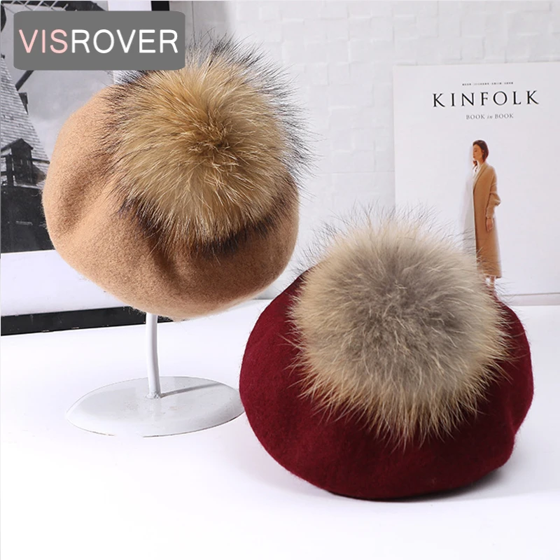 Top Trends: VISROVER New Unisex 100% Wool Winter Beret Solid Fur Pompom Autumn Hat Winter Cap Spring Punk Beret Hat Real Fur Beret Wholesale Shoppable Styles