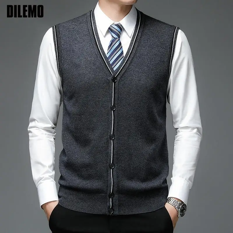 Top Trends: Top Quality New Autum Fashion Brand 6% Wool Cardigan Sweater V Neck Knit Vest Men Solid Trendy Sleeveless Casual Men Clothing Shoppable Styles