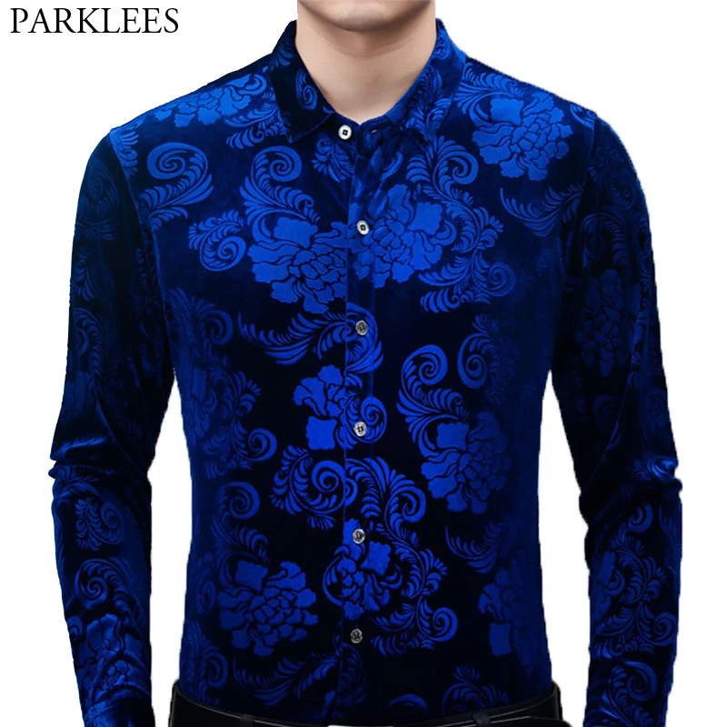 Top Trends: Royal Blue Velvet Velour Shirt Men 2022 Spring New Slim Fit Long Sleeve Mens Floral Dress Shirts Casual Button Down Chemise 2XL Shoppable Styles