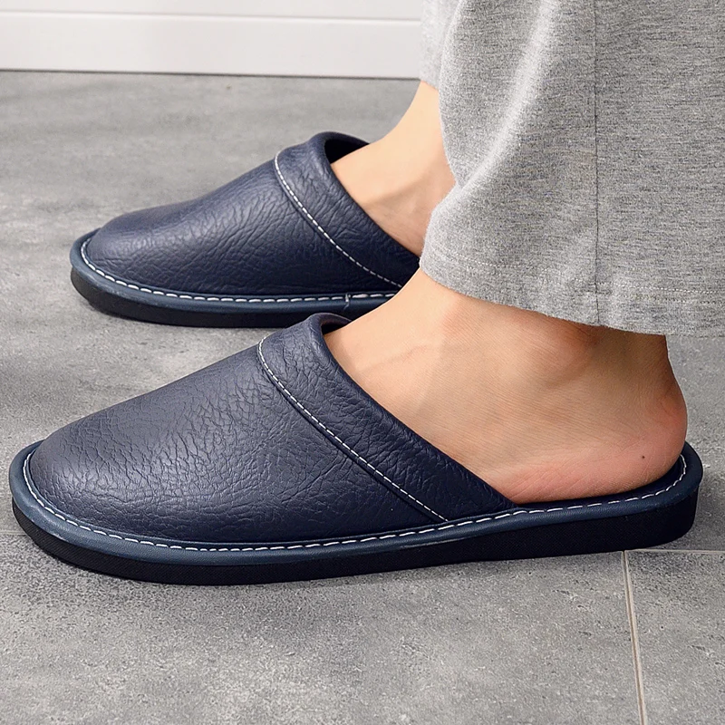 Top Trends: Solid Blue Brown Black Leather Slippers Men Bedroom Shoes Man Summer Spring Autumn Slippers Male Slides 2022 New Arrivals Shoppable Styles