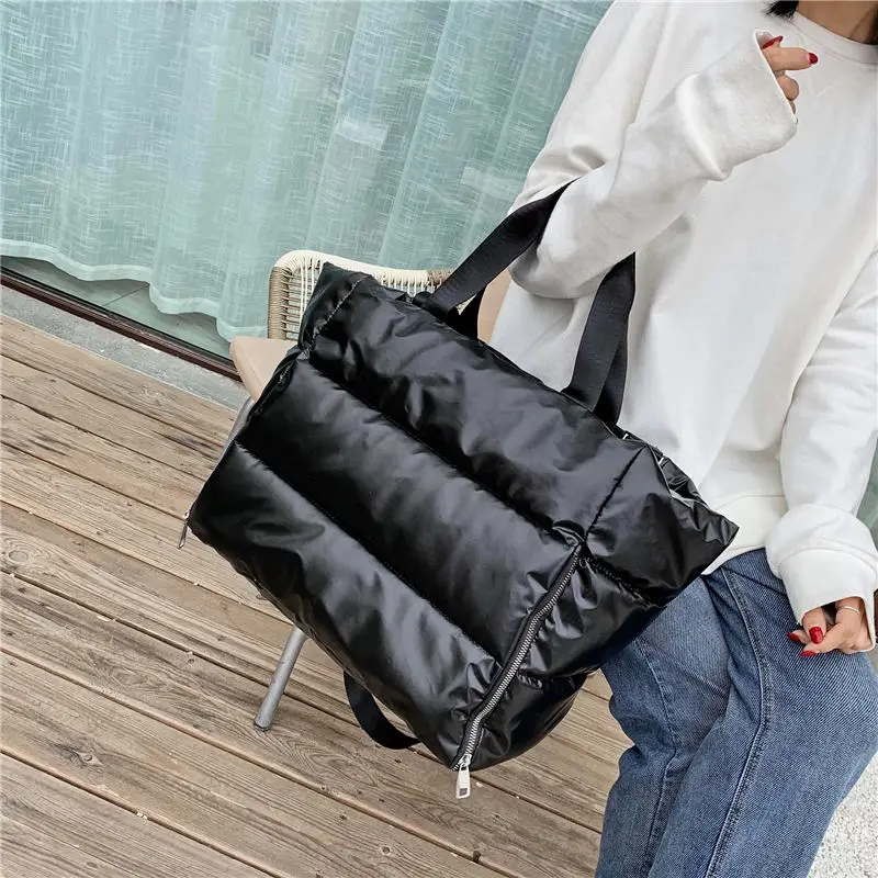 Top Trends: Winter Large Capacity Shoulder Bag For Women Waterproof Nylon Bags Space Padded Cotton Feather Down Big Tote Female Handbag 2022 Shoppable Styles