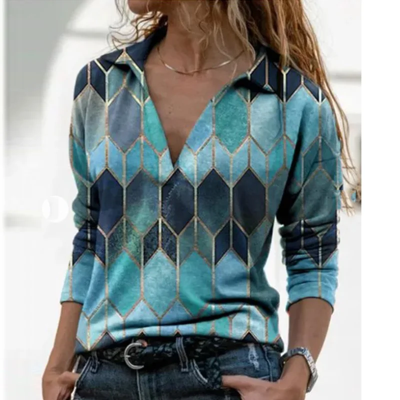 Top Trends: Women Long Sleeve V Neck Geometric Print Blouse Vintage Loose Polo Shirt Y2K Harajuku Oversize Tops Elegant Zip Sweatshirt Tunic Shoppable Styles - Image 3