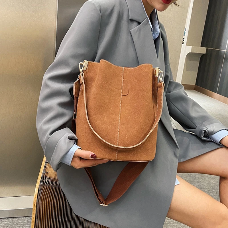 Top Trends: Vintage Bucket Bag Women Nubuck Leather Shoulder Bag Large Capacity Crossbody Bag 2021 Fashion Lady Handle Bag Wild Bag Shoppable Styles