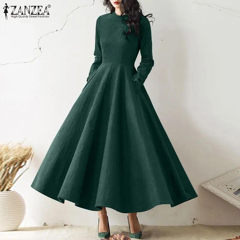 Top Trends: Women's Corduroy Dress 2023 Spring Autumn Vintage Long Sleeve Maxi Drseses ZANZEA Casual Solid A-line Oversized Party Robe Femme Shoppable Styles