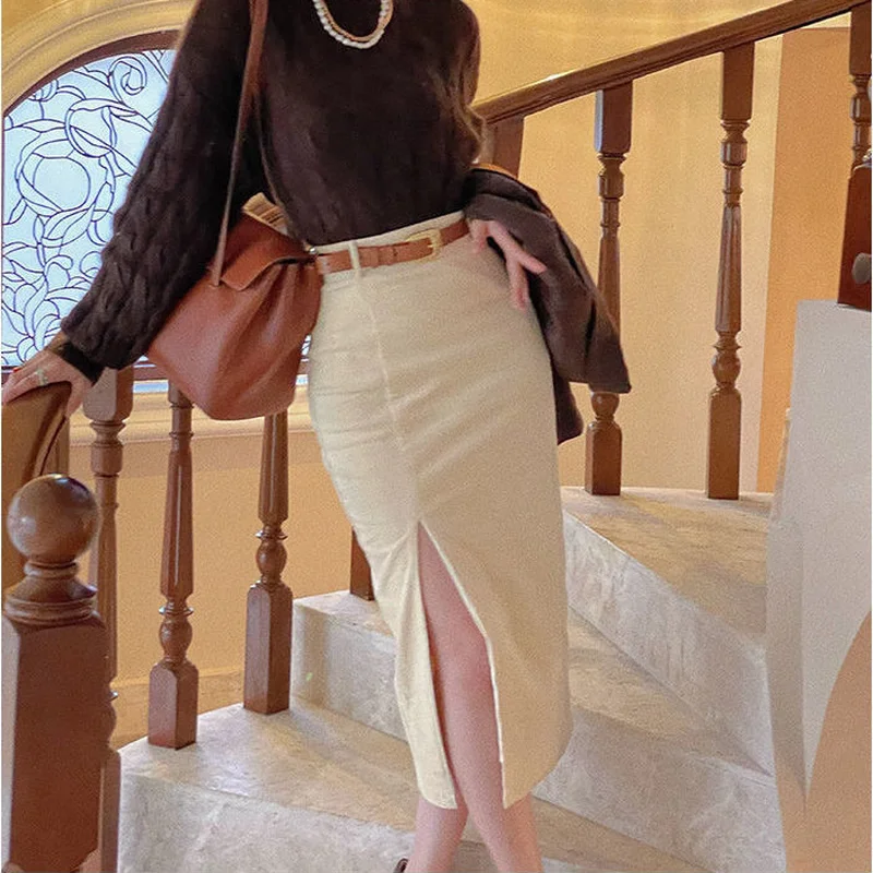 Top Trends: HOUZHOU Vintage Corduroy Split Midi Skirt Women Autumn Bodycon High Waist Sexy Solid Belt Pencil Skirt Elegant 90s Aesthetic Shoppable Styles - Image 3