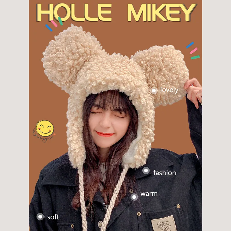 Top Trends: Women&#039;s Winter Hat 2021 Fashion Solid Beanies Cute Bear Ears Warm Hat Windproof Cap Earflap Hat Lamb Hair Cap Female Hat Present Shoppable Styles