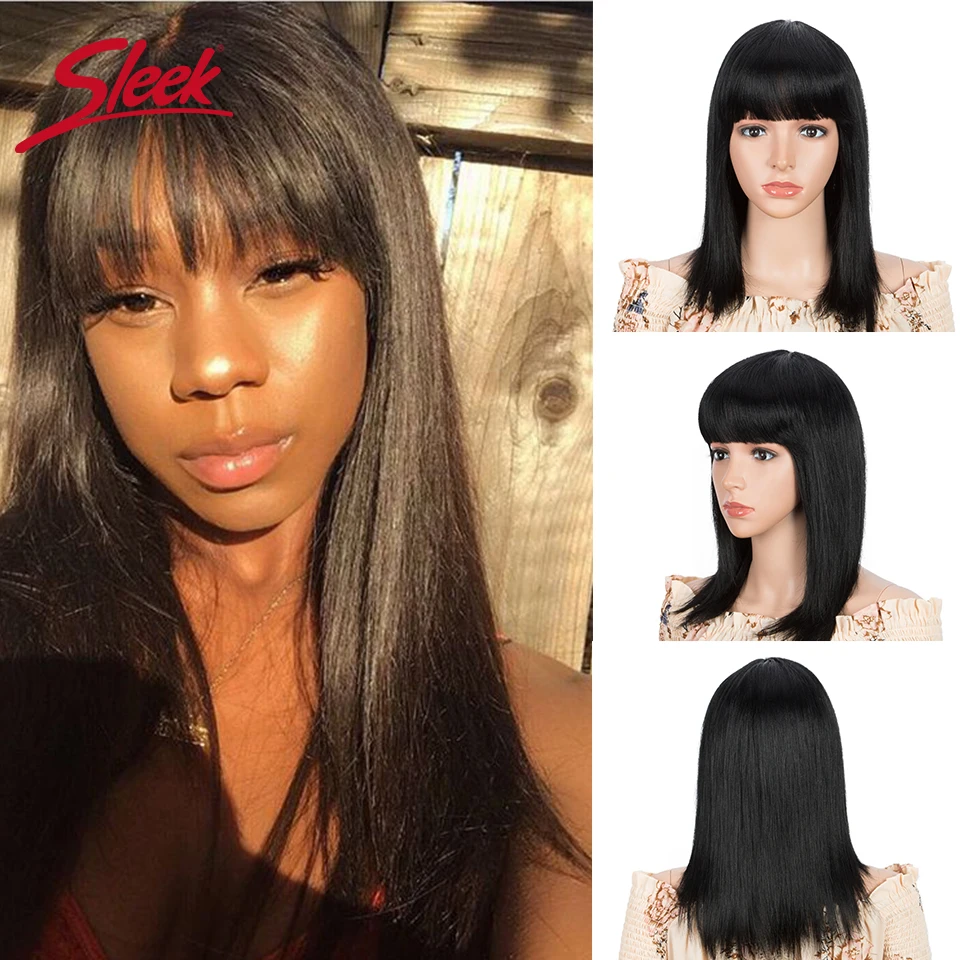 Top Trends: Sleek Human Hair Wigs For Women 16 Inch Remy Brazilian Hair Wigs With Bangs F1B / 30 P1B / 30 Highlight Straight Hair With Bangs Shoppable Styles