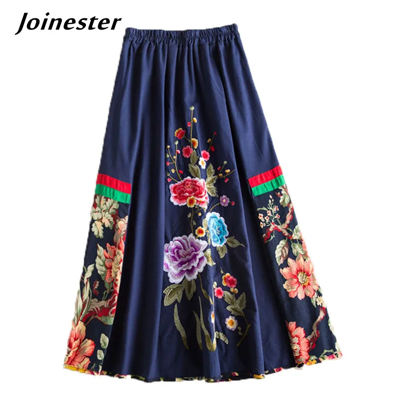 Top Trends: Floral Embroider Long Skirt For Women Cotton Linen Ethnic A-Line Midi Skirt Female Full Circle Dance Skirts Autumn Clothes Shoppable Styles