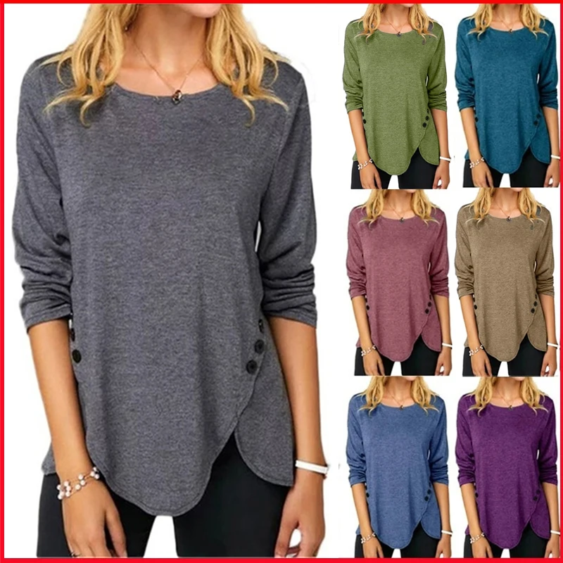 Top Trends: Button O Neck Long Sleeved Tunic T-Shirt Women Clothing Solid Color Loose Casaul Irregular Long Pullovers Tops Tee Shirt Femme Shoppable Styles