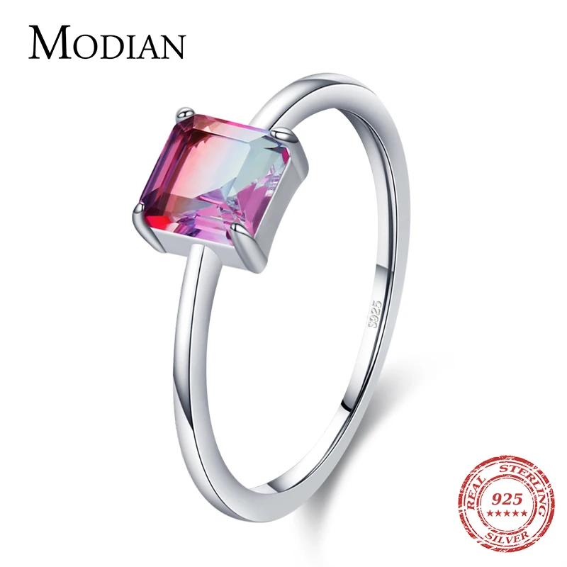 Top Trends: Modian 100% 925 Sterling Silver Emerald Cut Romantic Square Rainbow Color Tourmaline Finger Ring For Women Statement Jewelry Shoppable Styles