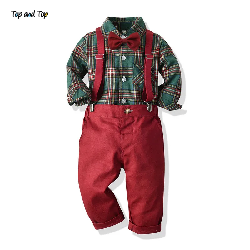 Top Trends: Top And Top Toddler Boys Clothing Set Autumn Winter Children Formal Shirt Tops+ Suspender Pants 2PCS Suit Kids Christmas Outfits Shoppable Styles