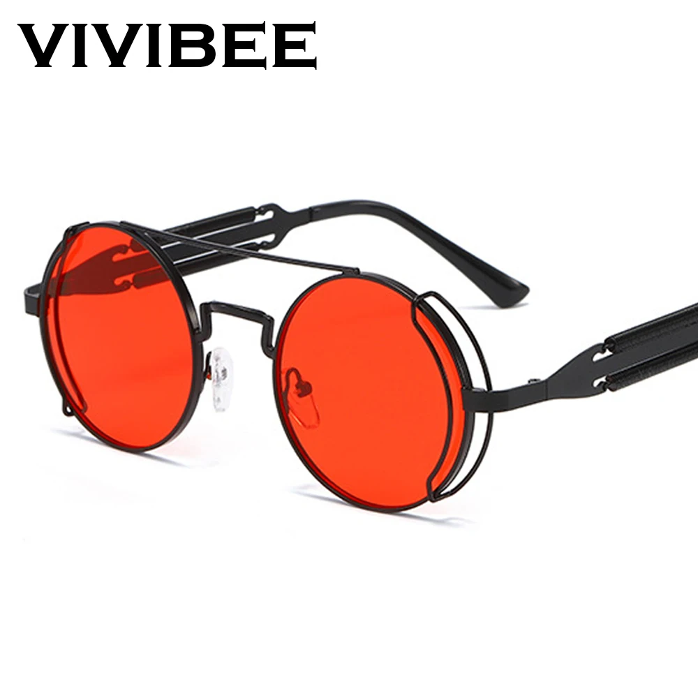 Top Trends: VIVIBEE Steampunk Sunglasses Men Round Red Lens Punk Sun Glasses Black Metal Gothic Style 2024 New Products Women UV400 Shades Shoppable Styles