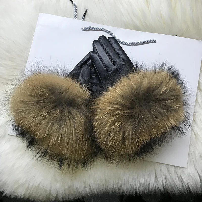 Top Trends: Real Raccoon Fur Gloves Women&#039;s Genuine Leather Gloves Fox Fur Big Raccoon Fur Sheepskin Gloves Female Winter Velvet Warm Touch Shoppable Styles