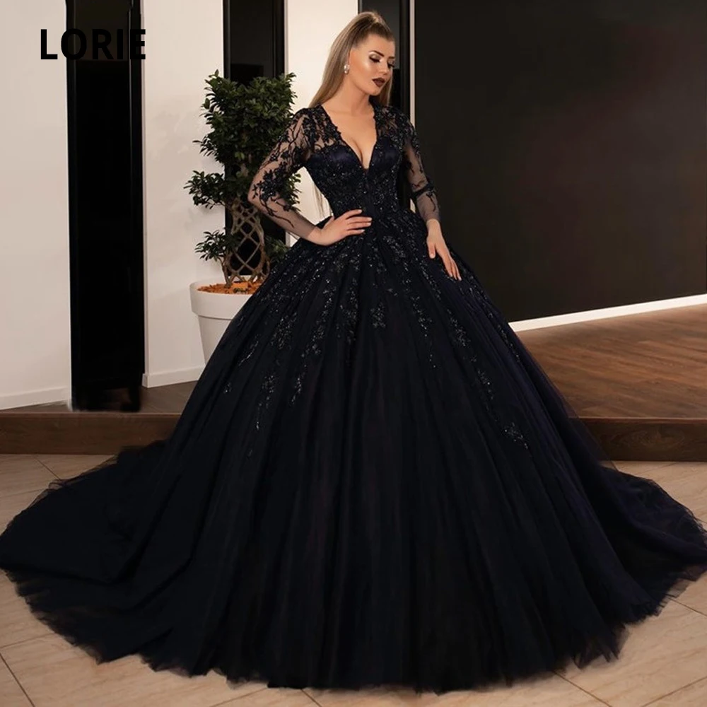 Top Trends: LORIE Ball Gown Black Wedding Dresses Sequin Lace Appliques Bridal Gowns With Long Sleeve Lace-up Princess Party Dress Plus Size Shoppable Styles