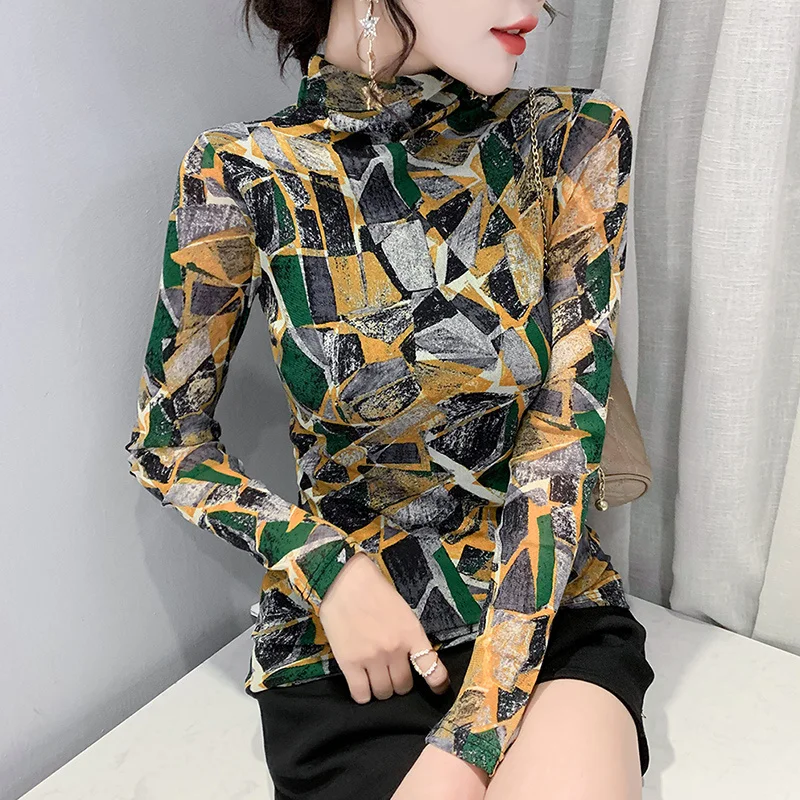 Top Trends: #8102 Spring Autumn Printed T Shirt Women High Quality Fashion Slim Turtleneck T-Shirt Female Mesh Long Sleeve Womens Tops S-4XL Shoppable Styles