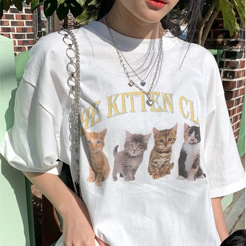 Top Trends: Sunfiz Kawaii The Kitten Club Women T Shirt Streetwear White Cotton Short Sleeve Femme Oversized Graphic Tee Cute Grunge Tops Shoppable Styles